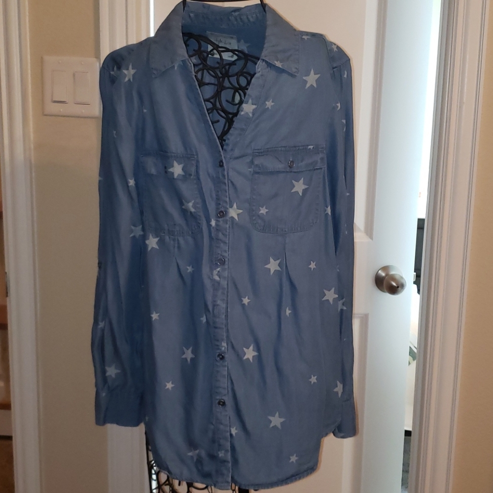 Light blue denim with white stars button up shirt